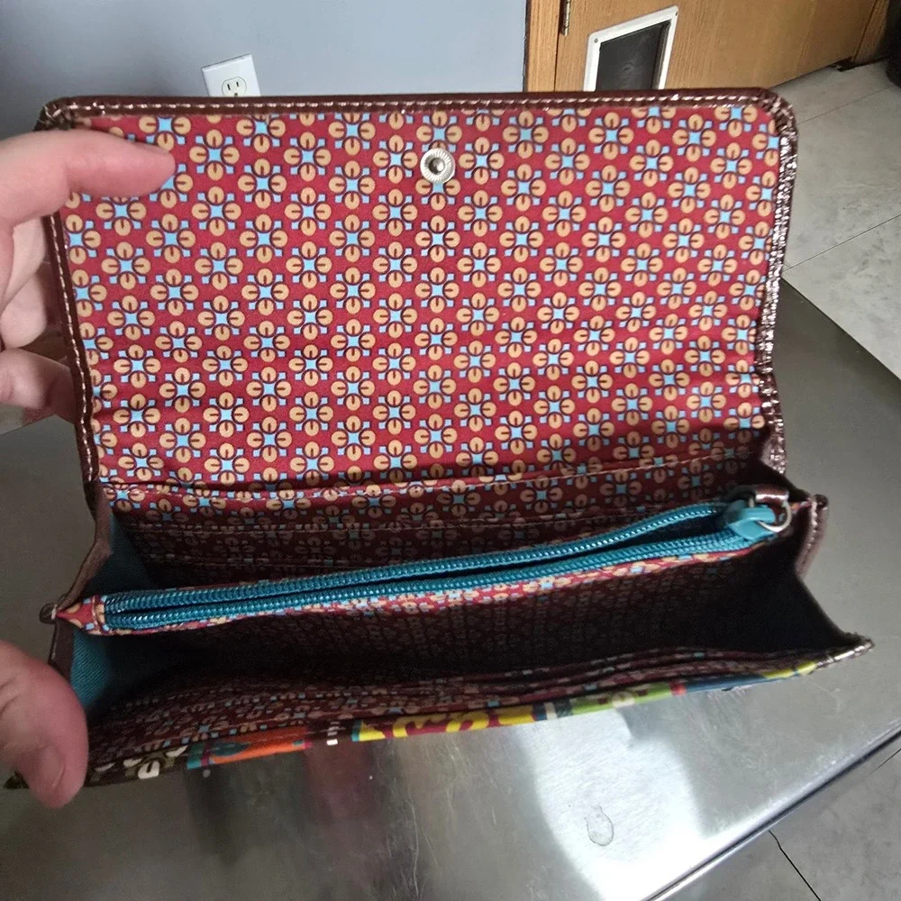 Fossil Patchwork Floral Geometric Multi Color Long Clutch Wallet Vtg Y2K Preppy